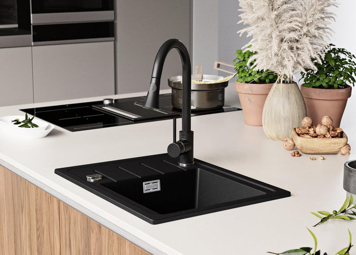 Granitspüle Schwarz 55x44 cm, Spülbecken + Ablauf-Set + Küchenarmatur 9050, Küchenspüle für 45er Unt