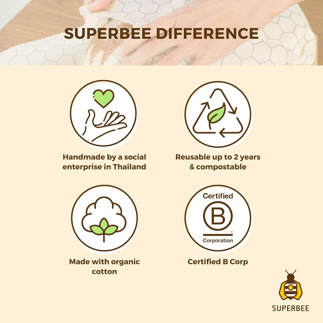 SuperBee Wax Wraps Set 3 Beeswax Wraps in den Grössen S,M &amp; L Hipster Wiederverwendbar, Umweltfreund