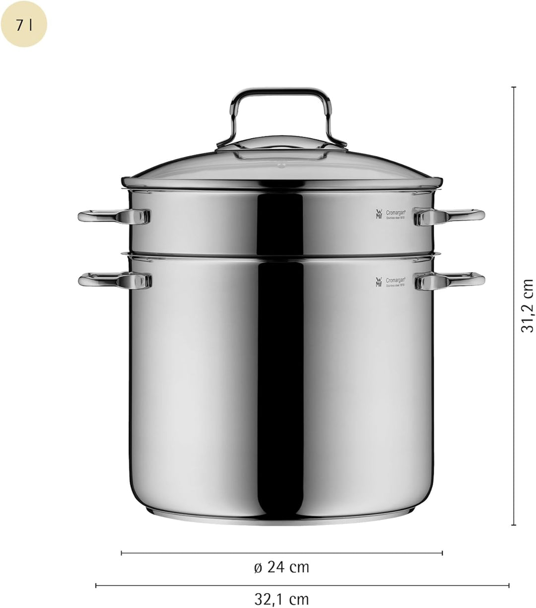 WMF Nudeltopf mit Sieb 24 cm Induktion, Kochtopf gross 7l, Spaghettitopf mit Glasdeckel, Cromargan E