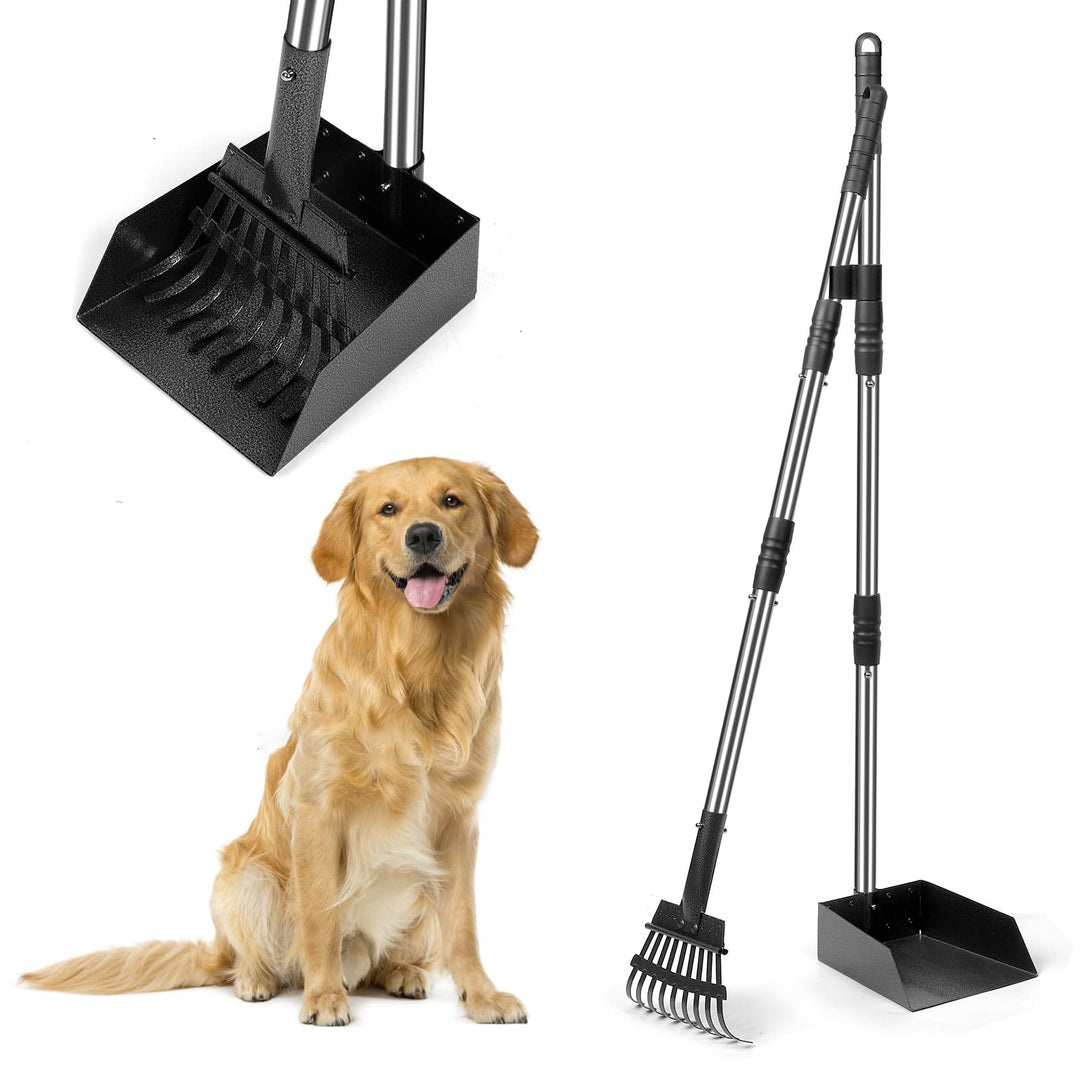 Hundekotschaufel Set mit 96cm langem Griff – Abnehmbares Metalltablett, Rechen für grosse, mittelgro