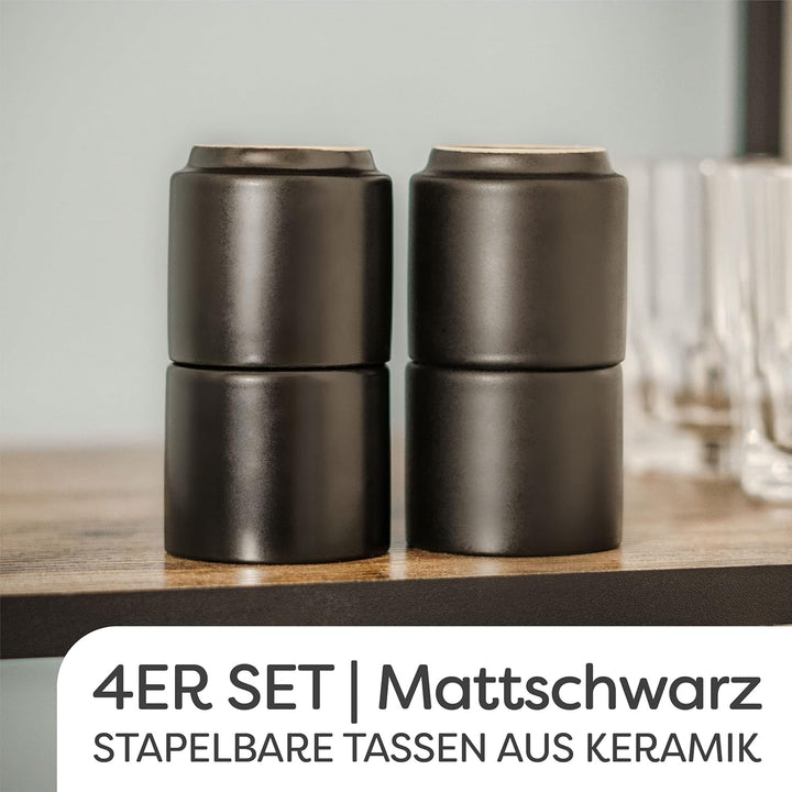Cosumy Espressotassen Set 4er Schwarz - Espresso Tassen Set ohne Henkel | Stapelbar & Dickwandig - 8