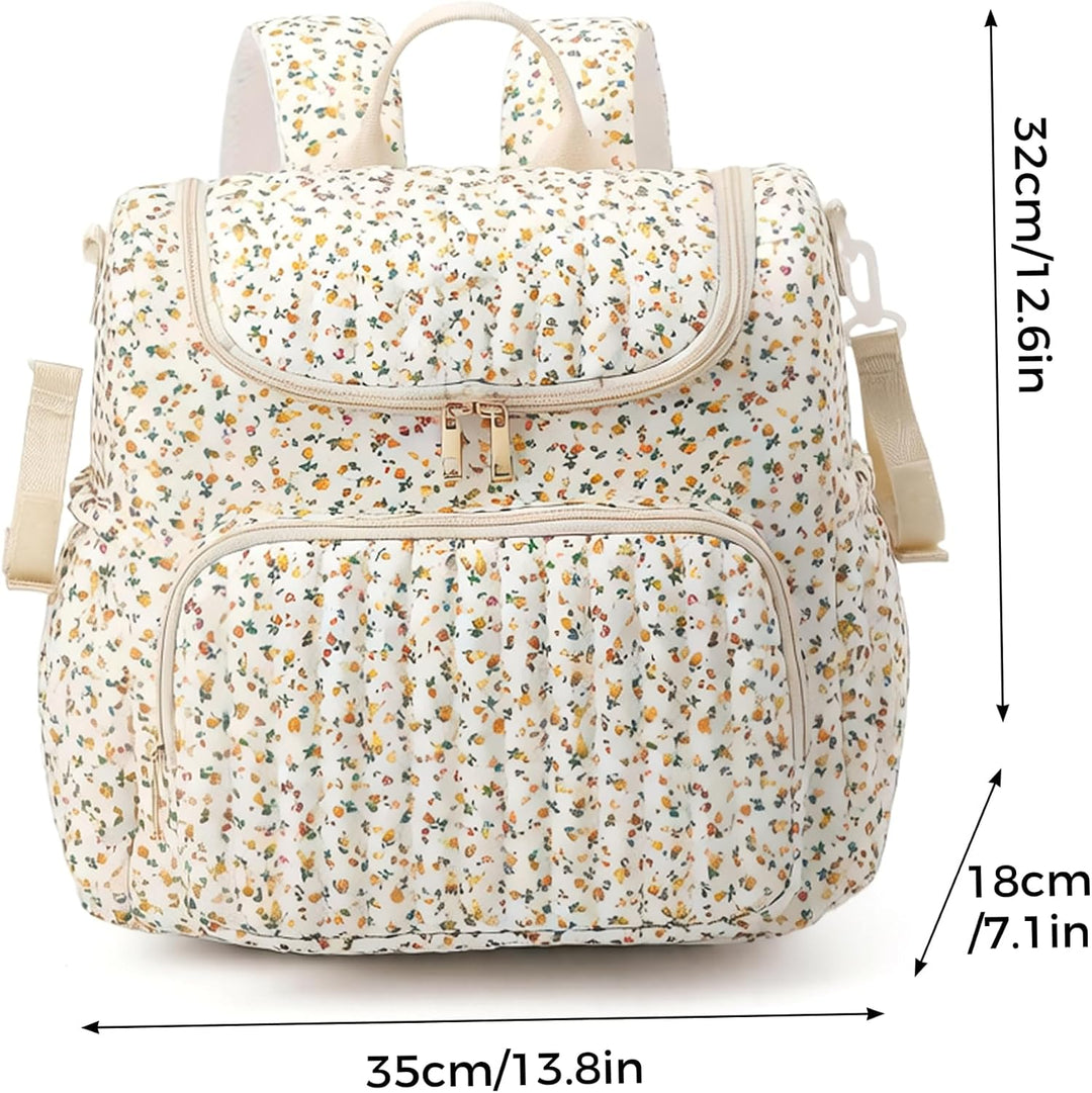 Gesteppte Wickeltasche, Wickelrucksack mit Blumenmuster, geräumiger Mama-Rucksack mit mehreren Tasch