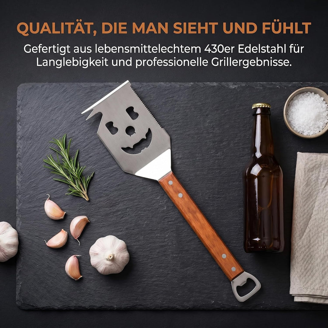 7 in 1 Grillspachtel für Barbecue Grill, Grill Zubehör, Multifunktionales Grillwerkzeug mit Holzgrif