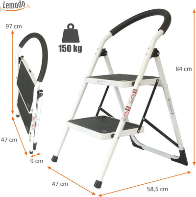 Stahl Klapptritt zusammenklappbar | 2 extra breite Stufen mit Anti-Rutsch-Matten | 84 cm Höhe | Trit