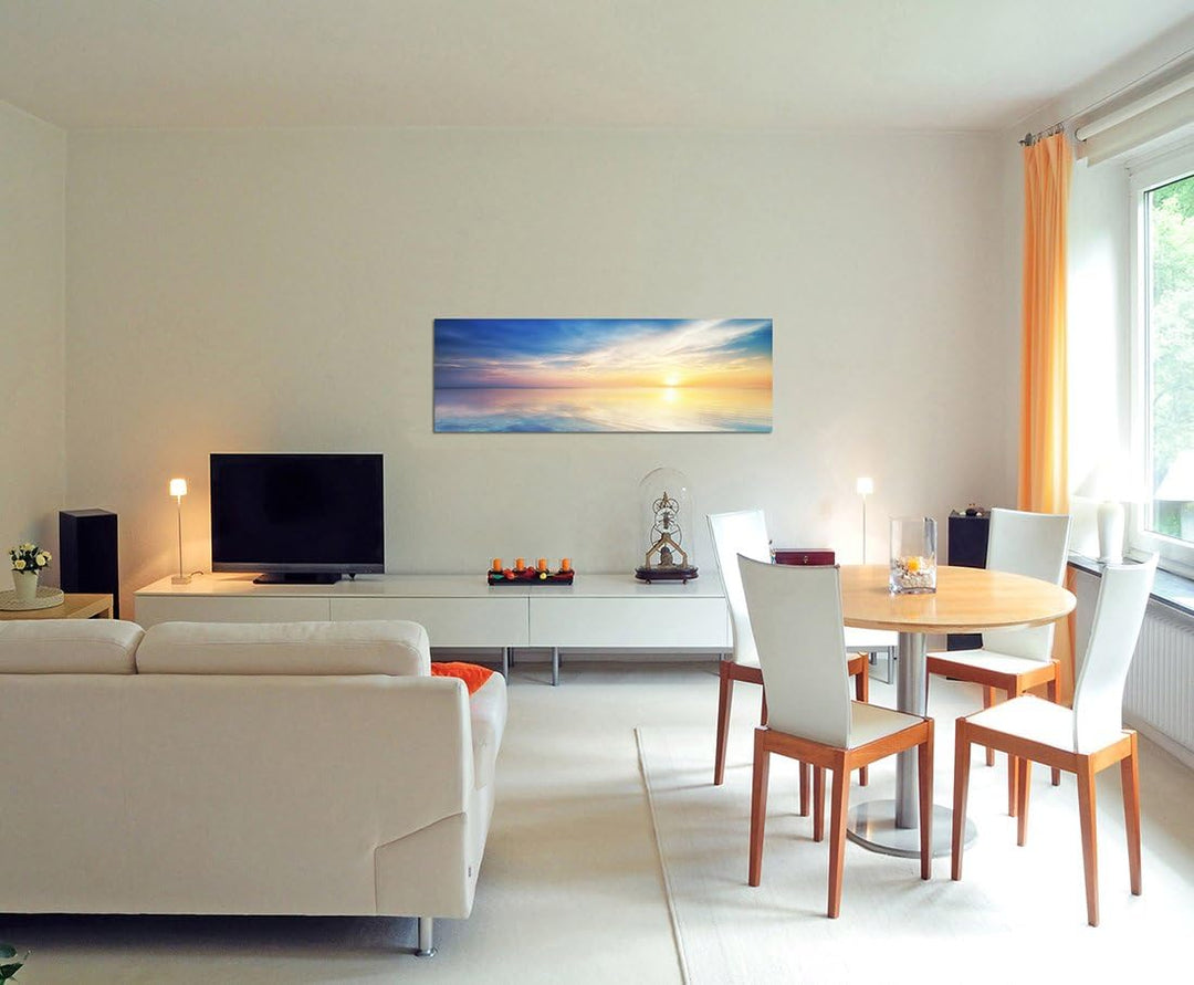Paul Sinus Art Panoramabild auf Leinwand und Keilrahmen 120x40cm Meer Horizont Himmel Wolken Sonne