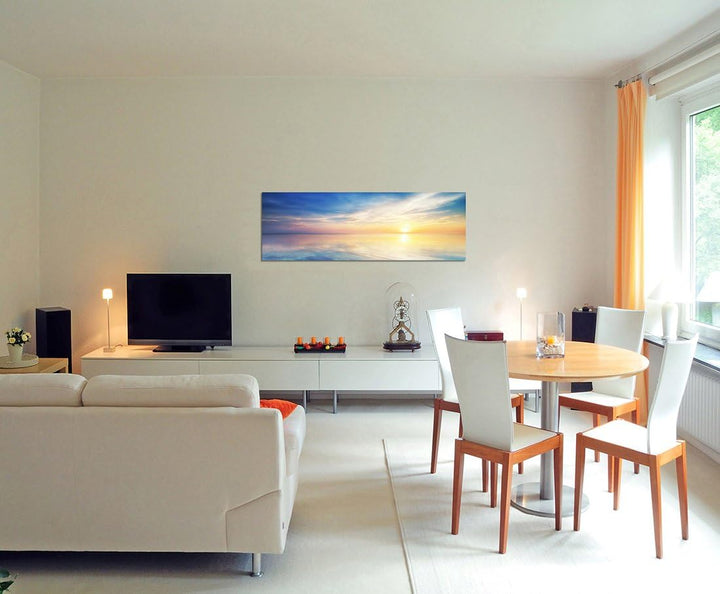 Paul Sinus Art Panoramabild auf Leinwand und Keilrahmen 120x40cm Meer Horizont Himmel Wolken Sonne