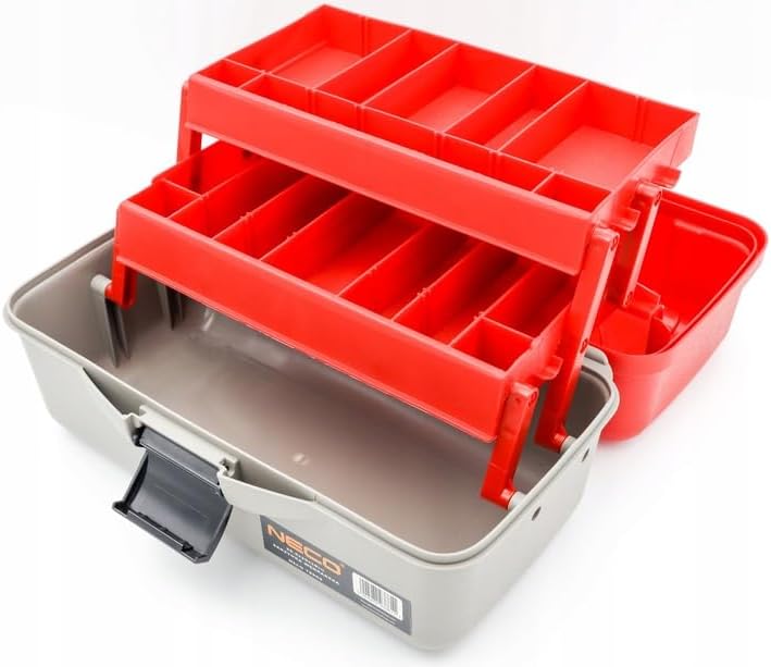 NECO Angelbox Rot mit 2 Schubladen – Tackle Box 35,5x20x19 cm | Angelkoffer mit Fächern für Köder, H