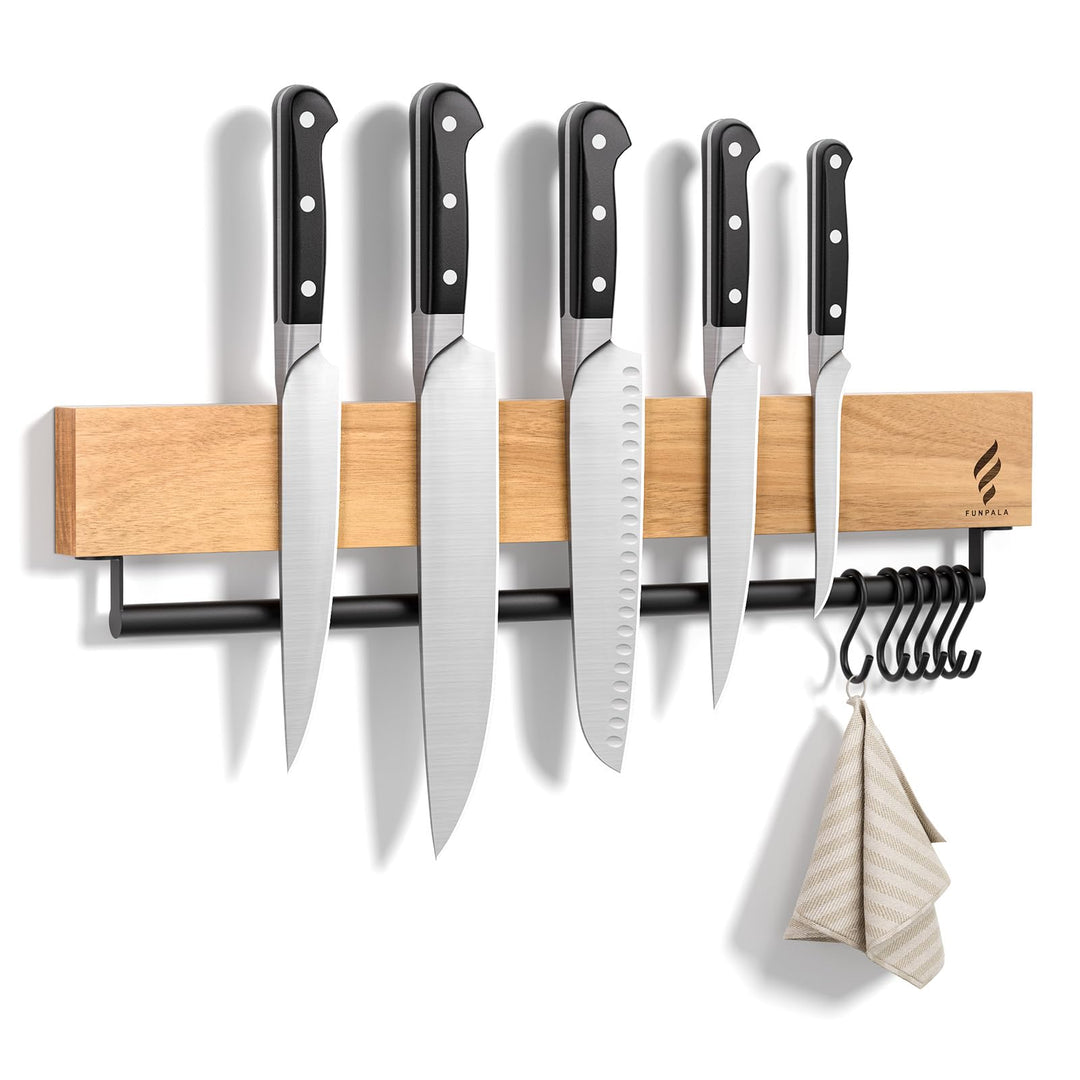 Magnetleiste Messer mit 6 Haken, 40 cm Messerhalter Holz mit Extra Starkem Magnet, Messerhalter Magn
