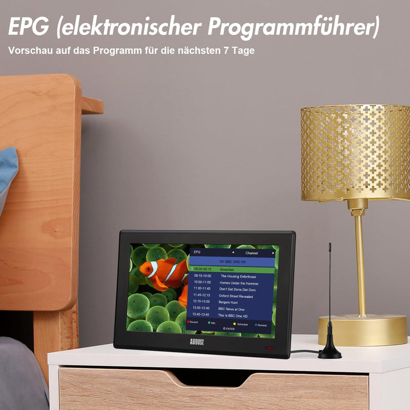 August DA100D – 10” Tragbarer HD TV DVB-T2 MPEG4 H.264/H.265/HEVC – LCD Fernseher mit PVR & Multimed