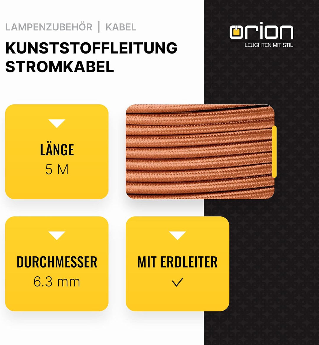 ORION LIGHTSTYLE Textilkabel für Lampen, 5 m Braun, 3-adrig, (3x 0,75 mm²) - Kunststoff Stromkabel m