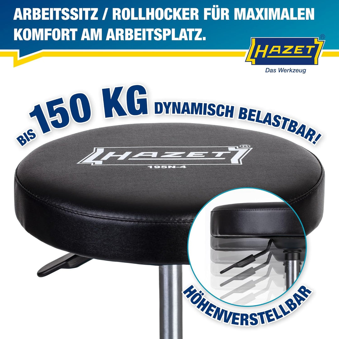 HAZET Arbeitssitz 195N-4, stabile Vierkant-Rohrrahmenkonstruktion, 5 Leichtlaufrollen 75 mm, höhenve