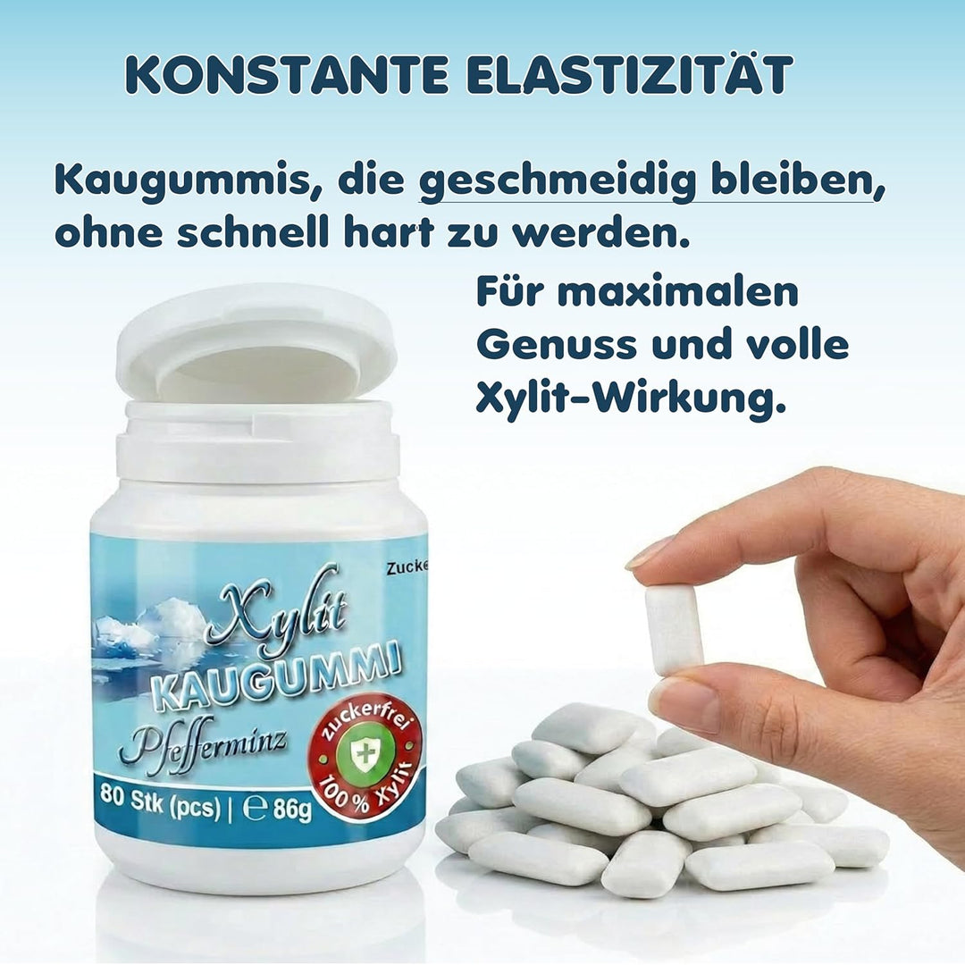 Xylitquelle Zahnpflegekaugummi PFEFFERMINZ | 3 x 80 Stk | 100% Xylit für angenehmen Atem | zuckerfre