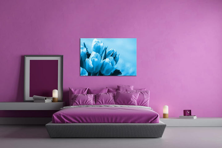 deyoli edle Tulpen Format: 100x70 Effekt: Monocrome Blau als Leinwand, Motiv fertig gerahmt auf Echt