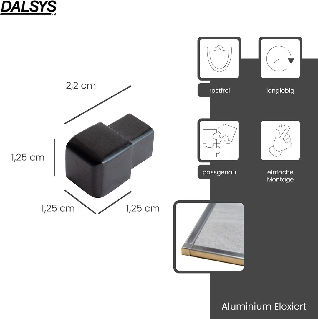 Dalsys Endstück für Fliesenschiene Quadratprofil Aluminium (eloxiert) Schwarz 12,5mm, 5 Stück, Flies
