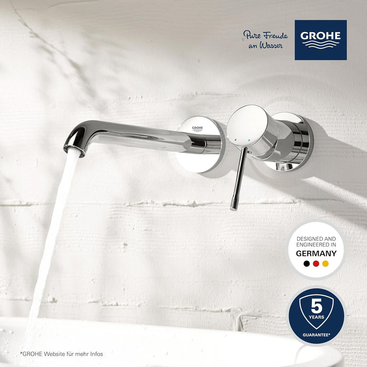 GROHE Essence New - 2-Loch-Waschtischarmatur (Mousseur 5,7l/min, Wandmontage, Bedienungshebel aus Me