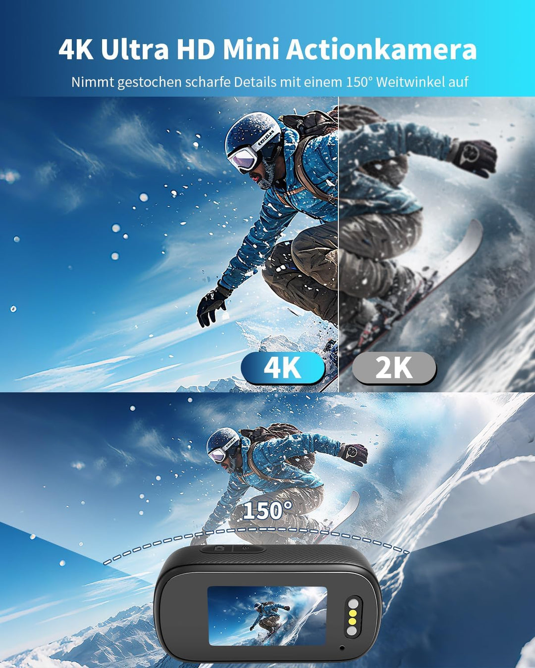 Action Cam 4K WiFi, Körperkamera Mini Bodycam 64GB, 150° Kleine Motorrad Sportkamera Helmkamera mit