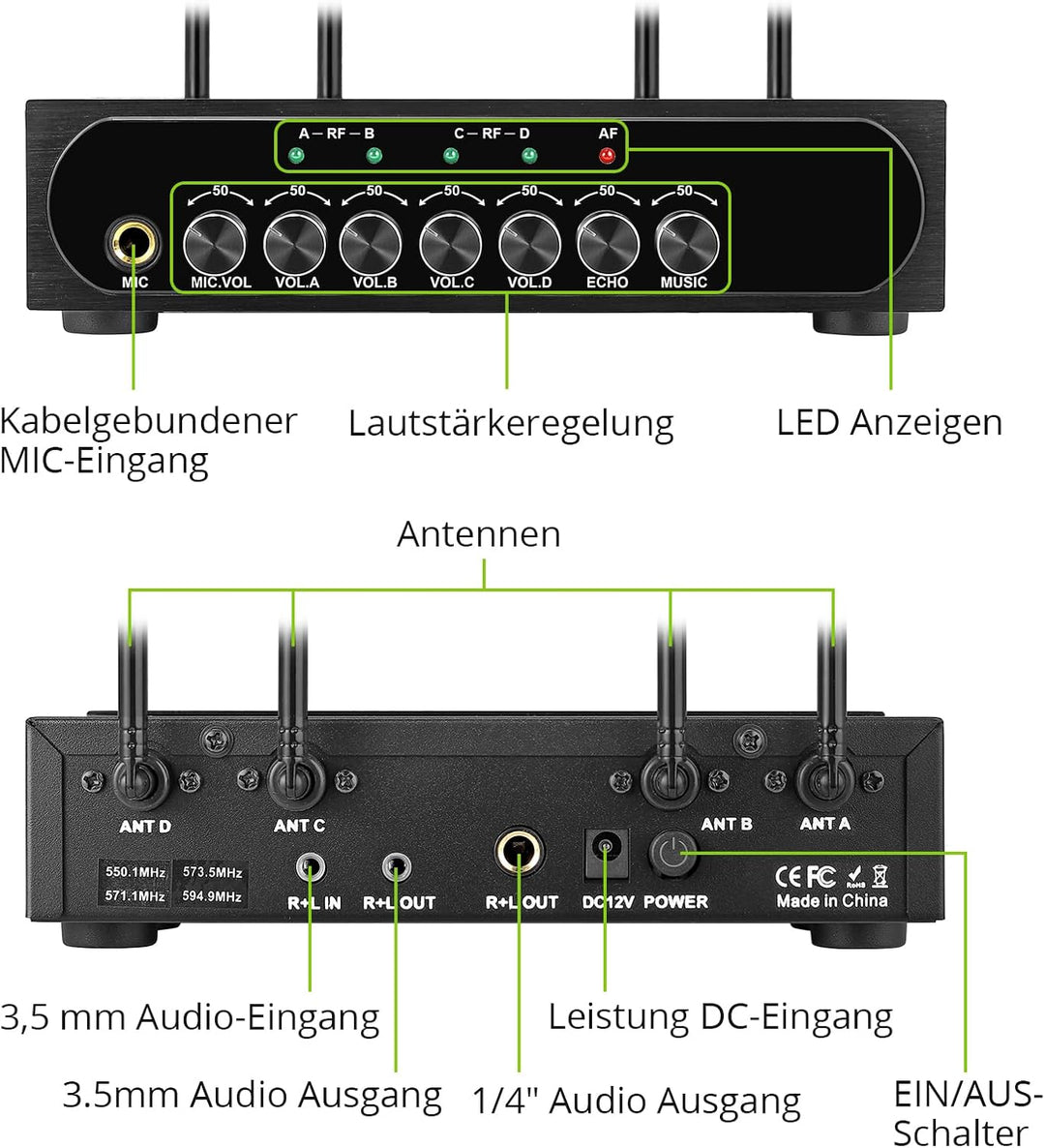 LiNKFOR 4 x UHF Mikrofon drahtloses UHF 4 Kanal Mikrofonsystem mit 4 drahtlosen Handmikrofonen, 50 *