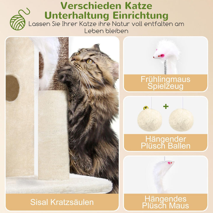 Globlazer Kratzbaum Beige Stabil mit Grosse Basis Katzenhaus Gepolsterte Plattform Plüsch Katzenspie