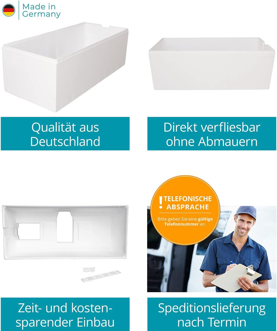 Calmwaters® Wannenträger 180 x 80 cm Modern Curved, Passend für Rechteck-Badewanne 180x80 cm, Styrop