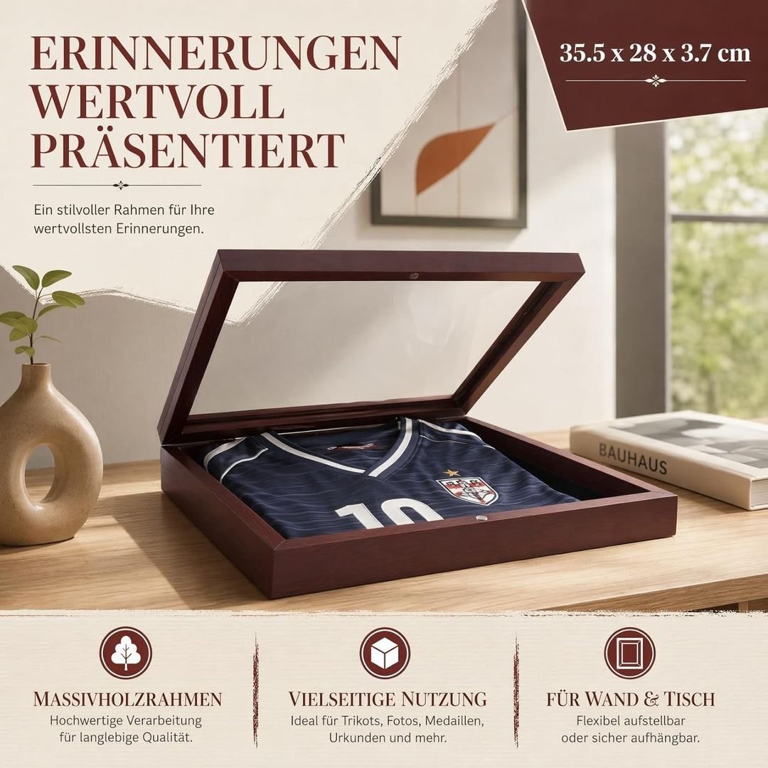Cabilock Trikots-Vitrine aus Holz, Transparente T-Shirt-Vitrine mit Glas für Wand und Tischmontage,