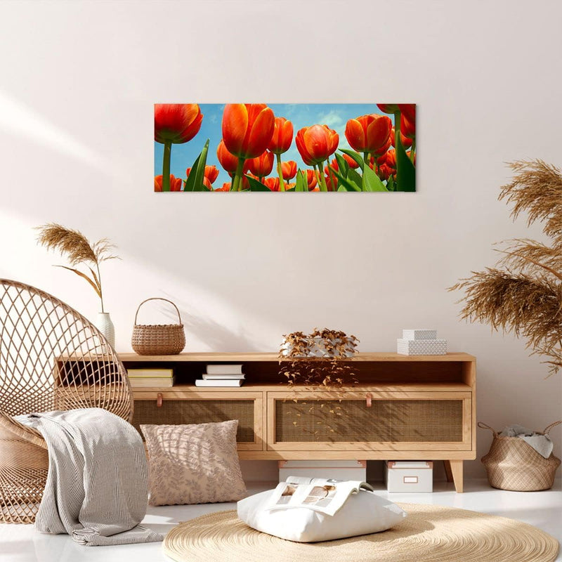 Panorama Bilder auf Leinwand Tulpe Blume blauer Himmel Leinwandbild 90x30cm Wandbilder Dekoration Wo