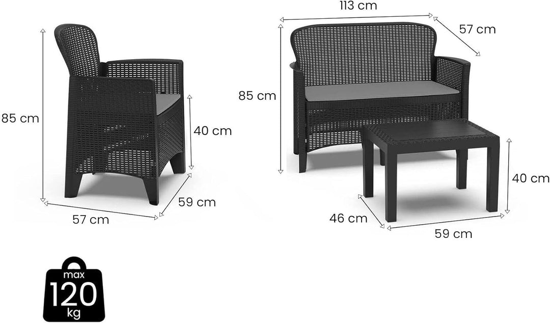 Dmora - Outdoor-Lounge-Set Ostuni, Gartengarnitur mit 2 Sesseln, 1 Sofa und 1 Couchtisch, Sitzecke i