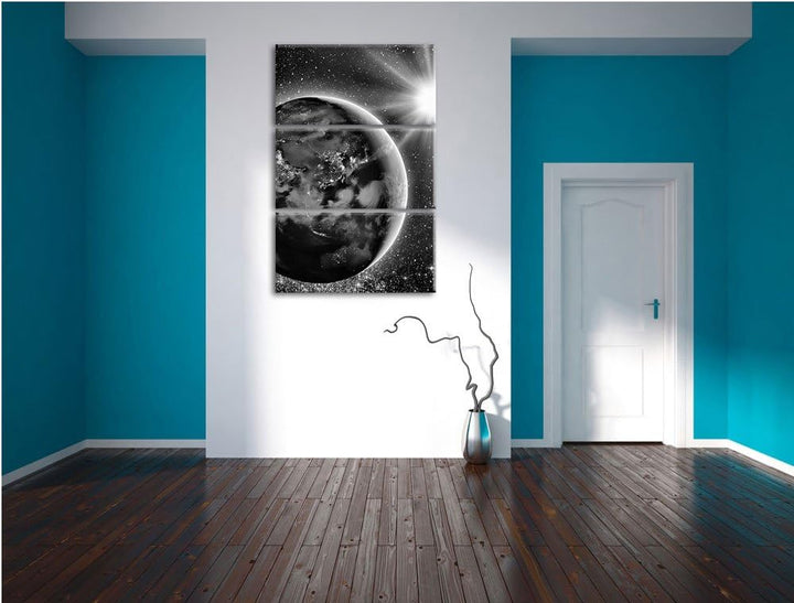 Pixxprint Monocrome, Erde im Weltall 3-Teiler Leinwandbild 120x80 Bild auf Leinwand