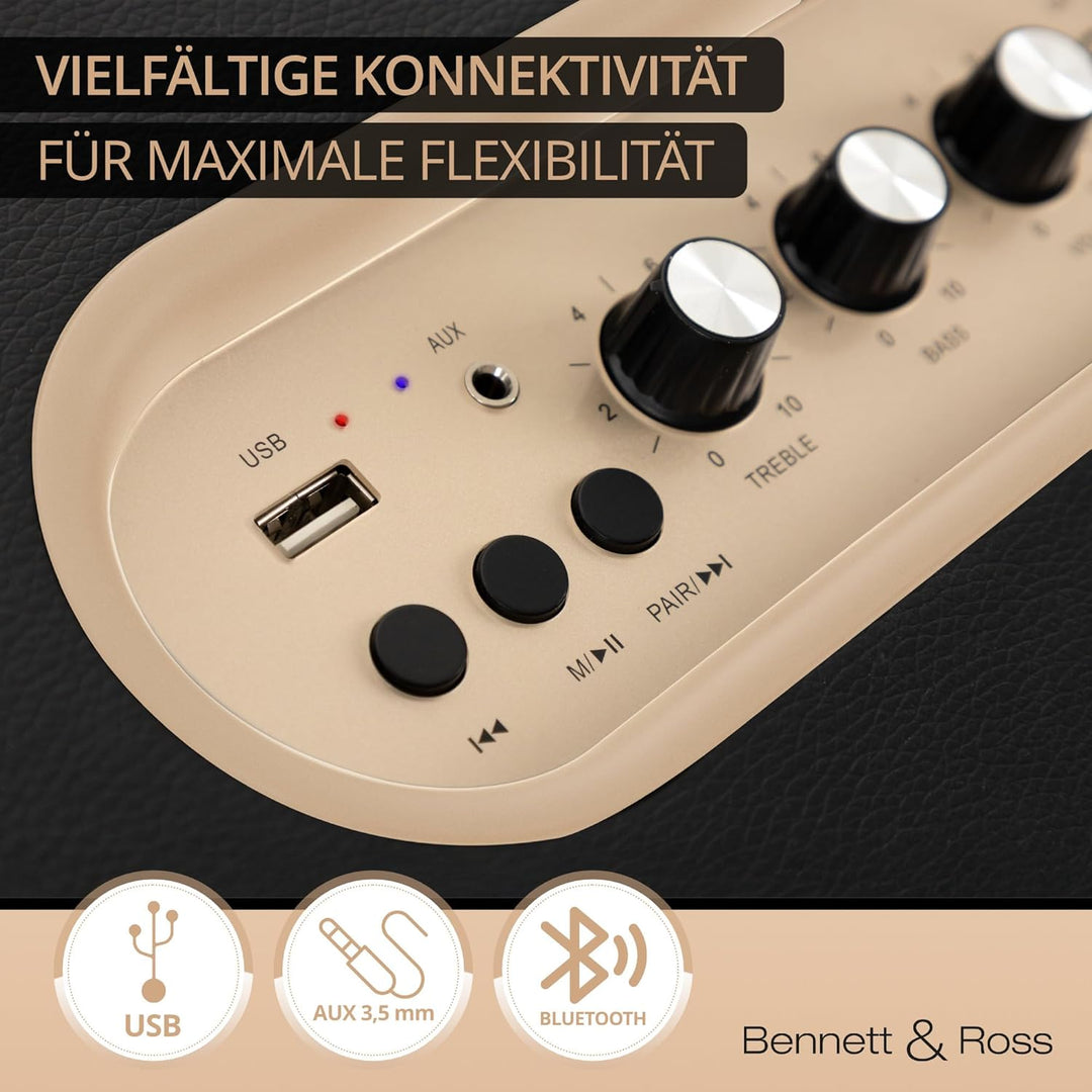 Bennett & Ross BB-860BK Blackmore - Retro Bluetooth Lautsprecher in Lederoptik - Vintage Speaker mit