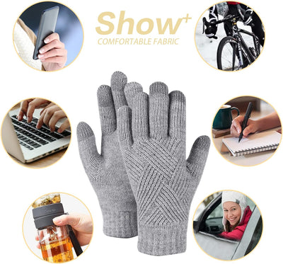 Damen Bommelmütze Schals Handschuhe Set Thermo Winter Warm Strickmütze Halswärmer und Touchscreen Ha