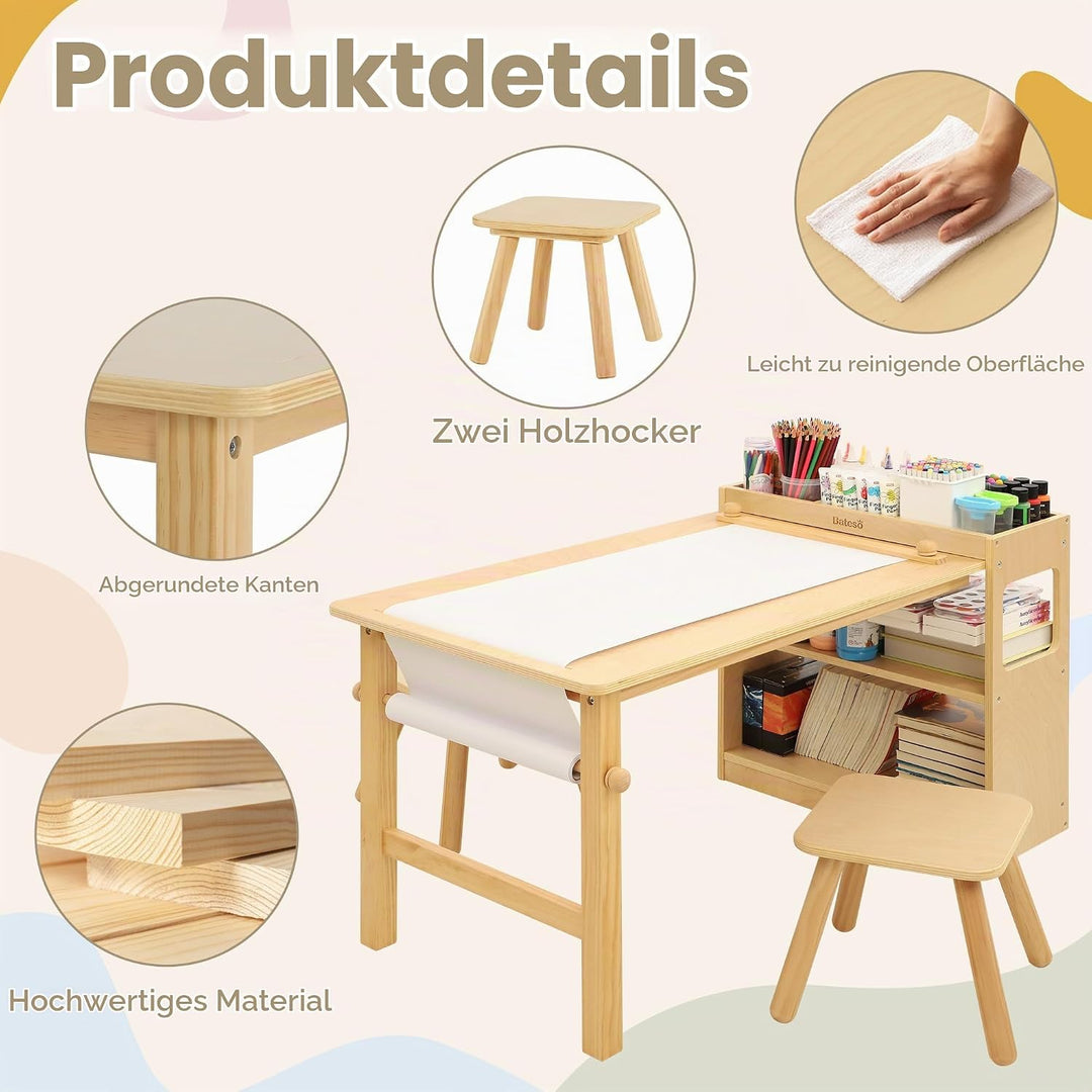 Kinder-Kunsttisch &amp; 2 Stühle Set mit Rollenpapier - Geräumiger Basteltisch mit Ablageflächen zum Zei