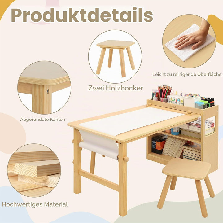 Kinder-Kunsttisch &amp; 2 Stühle Set mit Rollenpapier - Geräumiger Basteltisch mit Ablageflächen zum Zei