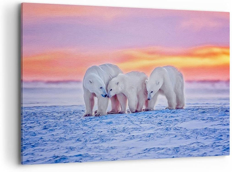 Bilder auf Leinwand 100x70cm Leinwandbild Bären Winter Schnee Familie Gross Wanddeko Bild Schlafzimm