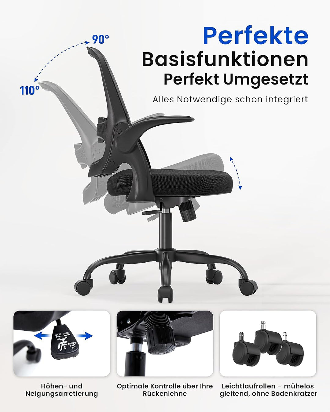 LukkDys Bürostuhl Ergonomisch, Schreibtischstuhl mit klappbaren Armlehnen, Mesh Computerstuhl höhenv