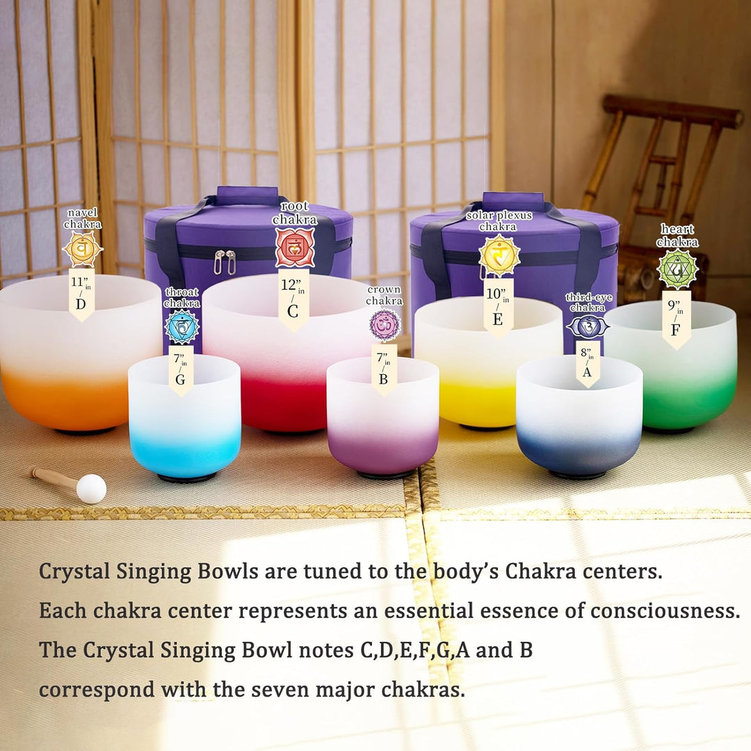 Hye-eun Kristall Klangschale, 432hz Farbverlauf klangschalen Set 7 chakren 7-12 Zoll Crystal Singing