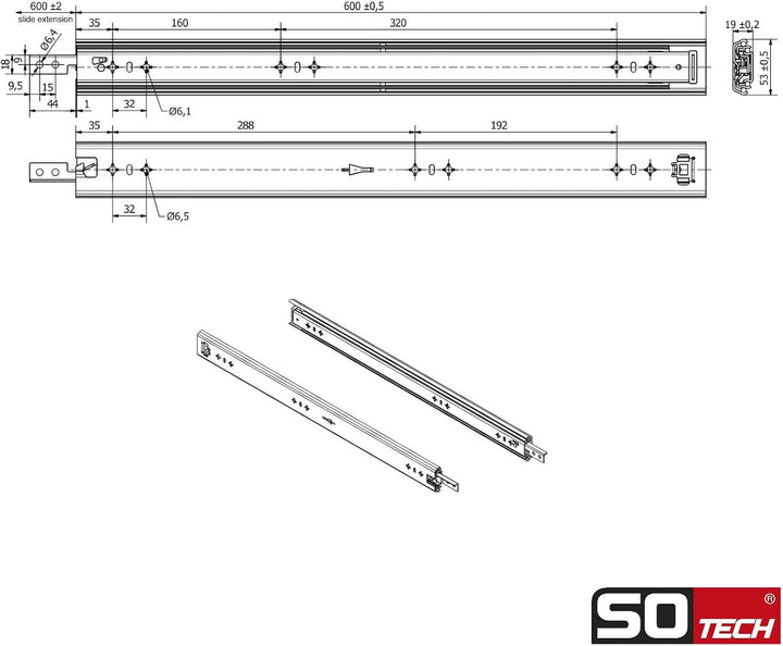 1 Paar SOTECH Schwerlastauszüge VarioSlide KV2-100-H53-L600-EH 600 mm mit Lock-in/out Einrastfunktio