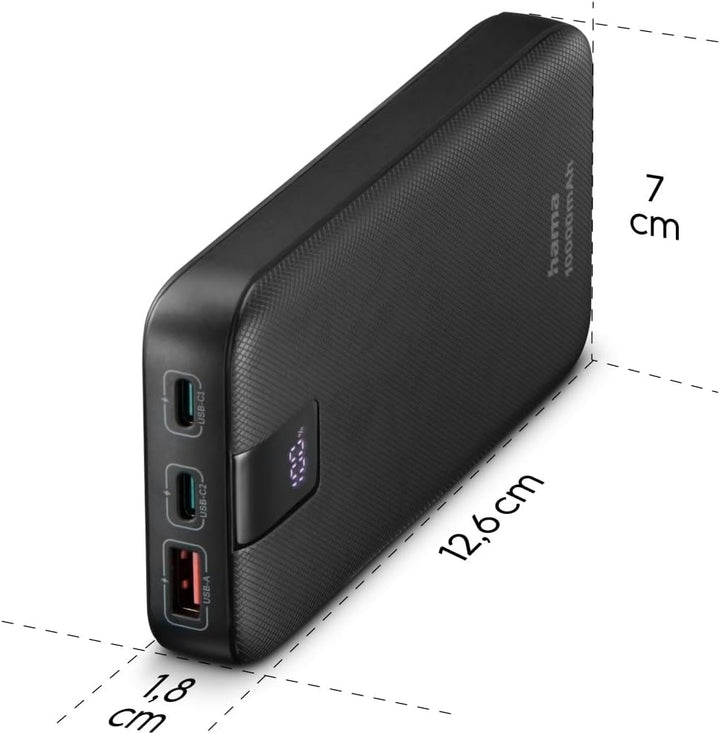 Hama Powerbank PD 10 10000mAh (externer Akku mit 2X USB C + 1x USB A, Power Pack Zertifiziert, Schne