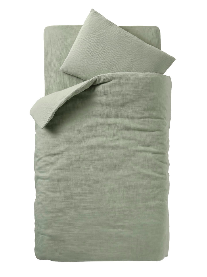 VERTBAUDET Baby-Bettwäsche, Bettbezug und Kissenbezug, einfarbig, aus Bio-Baumwollegaze, Salbeigrün,
