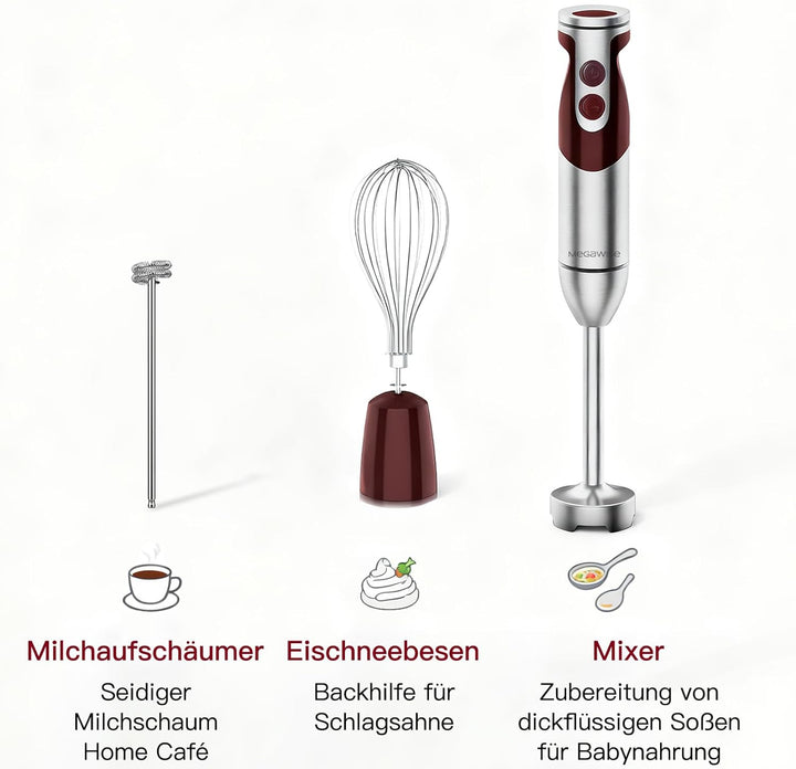 Megawise 3-in-1-Stabmixer – 12 Geschwindigkeiten, inkl. leistungsstarkem Mixstab, Schneebesen und Mi