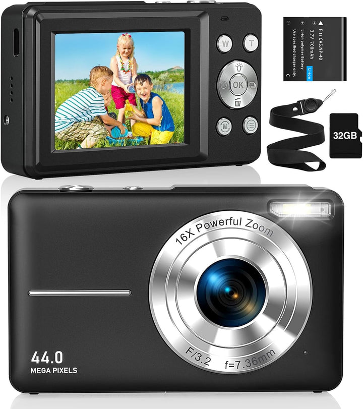 Digitalkamera Fotoapparat 1080P 44MP Fotokamera mit 16X Digitalzoom Tragbare Kompaktkamera Vlogging