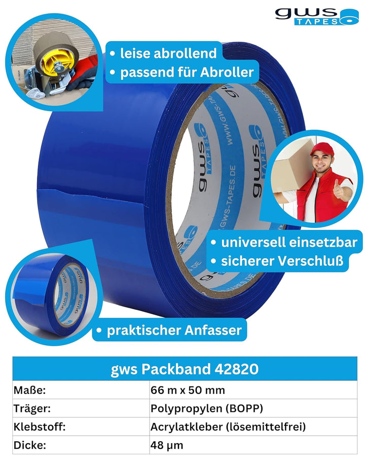 gws Verpackungs-Set mit robustem Lager/-Industrie Abroller und 12 Rollen Blau 66m x 50mm zum Verpack