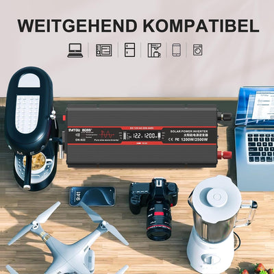 DATOUBOSS 1200W Wechselrichter 12V Auf 230V Reiner Sinus Spannungswandler Spitzenleistung 2500W Mit