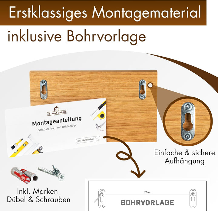 Schlüsselbrett Holz mit Ablage - massives Eichenholz, hochwertige schwarze Edelstahlhaken, Schlüssel