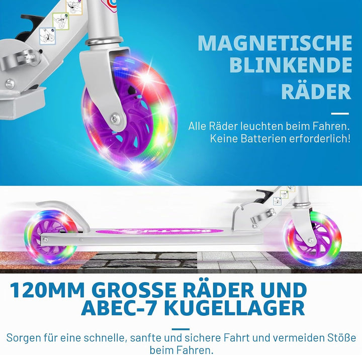 BELEEV V1 Roller Kinder 2 Räder, Klappbar Kinderroller für Mädchen Jungen, Tretroller mit LED Leucht