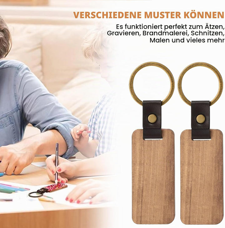 32 Stück Holz Schlüsselanhänger: Buche Mit Ring, Wooden Keychain Rechteckig, Blanko für Malerei Deko