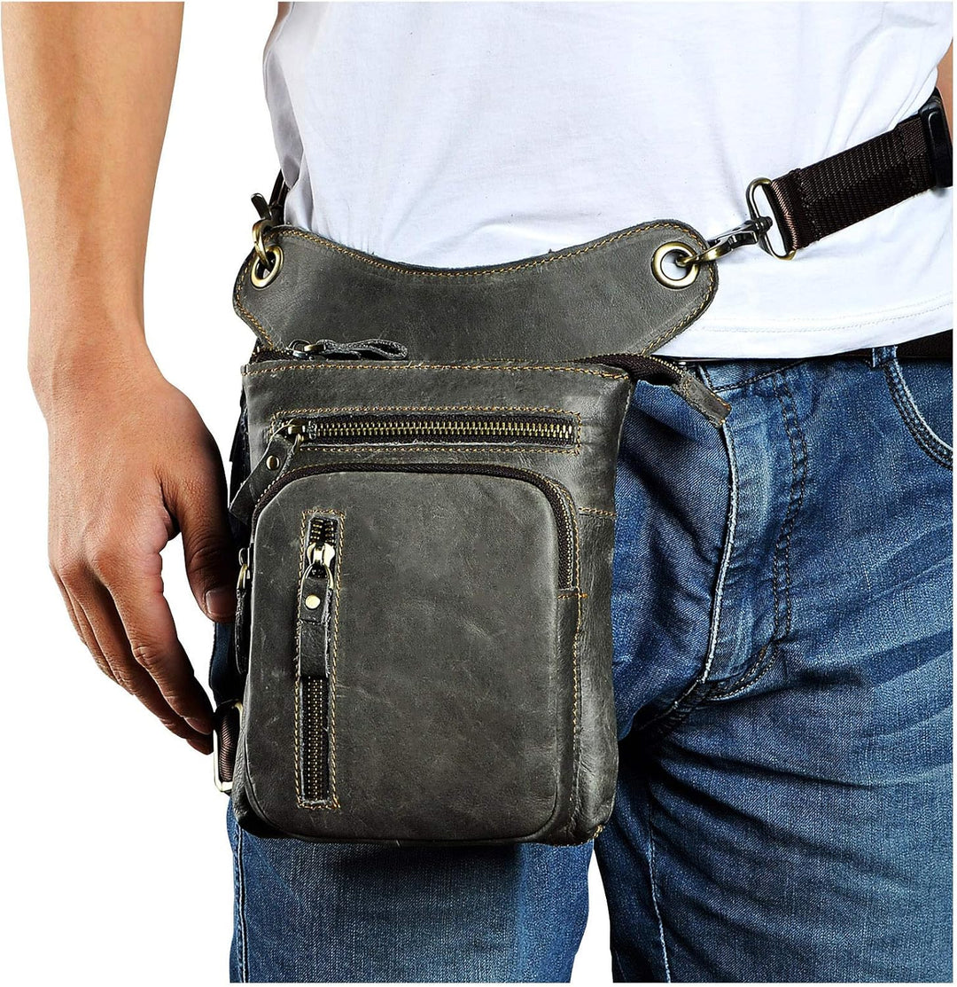 Le'aokuu Herren Leder Motorrad Hüfttasche Messenger Schulter Drop Leg Bag 211-11 2 Grau, 211-11 2 Gr