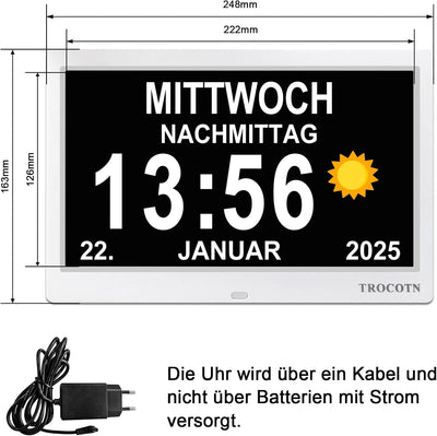 TROCOTN 10 Zoll Digitale Uhr Tagesuhr Grosses Display Wecker Wanduhr (Weiss) 10 Zoll Weiss, 10 Zoll