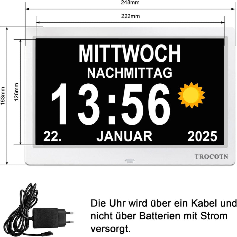 TROCOTN 10 Zoll Digitale Uhr Tagesuhr Grosses Display Wecker Wanduhr (Weiss) 10 Zoll Weiss, 10 Zoll