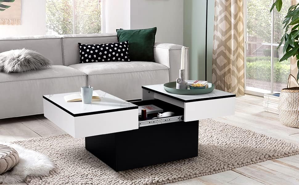 VOWNER Couchtisch, Moderner Couchtisch, Ausziehbarer Schreibtisch, Wohnzimmertisch mit 2 Stauräume,