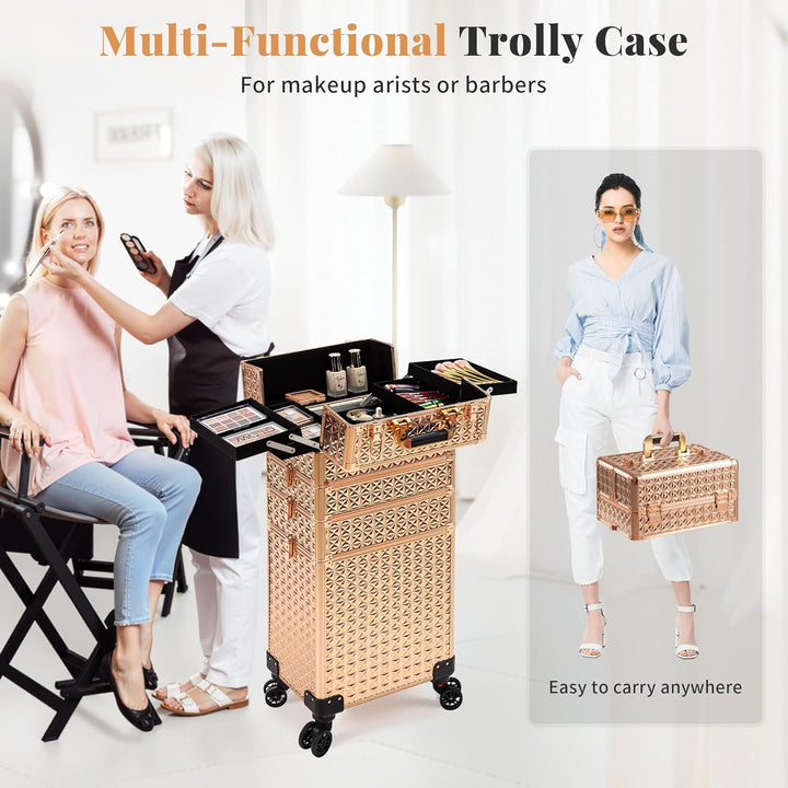 Arous 5-in-1 Profi-Kosmetikkoffer, Aluminium, mit 360° drehbaren Rädern Gold, Gold