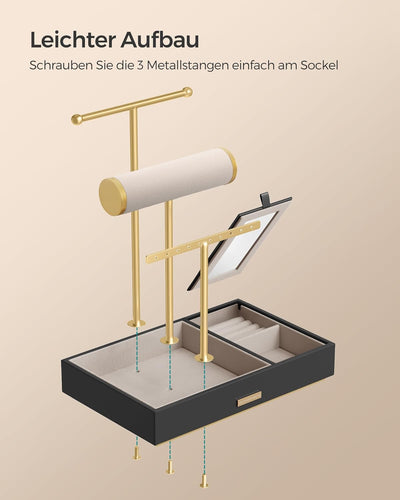 SONGMICS Schmuckständer, Schmuckhalter, Ohrringhalter Metall, Schmucktablett mit Spiegel, Schmuckauf